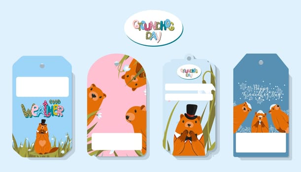 Happy Groundhog Day. Set of marmots tags. Text lettering for greeting card. Vector cartoon illustration. Cute stickers or tags or banner of marmot day as funny marmot cartoon. February 2.