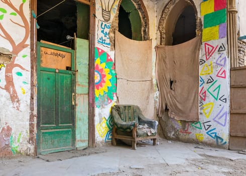 Day shot of Bayt Madkour Pasha, historical abandoned house located at Souq Al Selah Street, Darb Al Ahmar district, Old Cairo, Egypt
