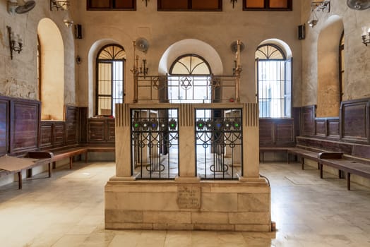 Interior of historic Jewish Maimonides Synagogue or Rav Moshe Synagogue with altar, arched windows and chandelier in Gamalia district, Cairo Egypt