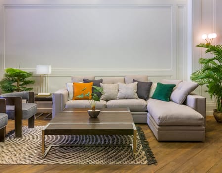 Comfortable gray sofa with colorful cushions placed near table on rug in spacious modern room with armchairs and green potted plants