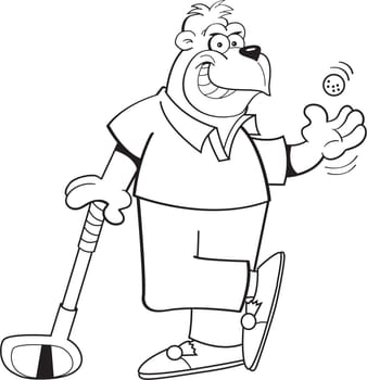 Black and white illustration of a gorilla with a golf club and golf ball.