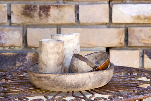 clay pots on a metal table -  handmade pottery