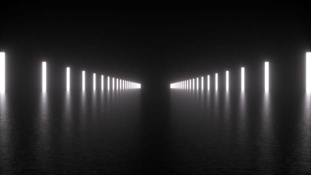 Futuristic corridor with 3d render lighting made of flickering electric tubes with reflection. Digital demarcation line for competition and abstract construction presentation.