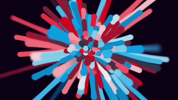 Bright flash from 3d render of cylinders scattering in different directions. Abstract futuristic inflorescence with digital holiday textures. Dynamic lighting lines.