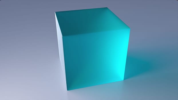 Square crystal with 3d render gradient and sharp edges standing on polished surface. Geometric matte decoration for digital and trendy interiors. Ice artifact with mysterious glow.
