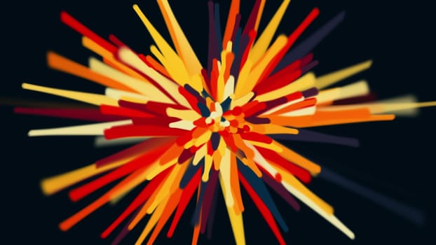 Bright flash from 3d render of cylinders scattering in different directions. Abstract futuristic inflorescence with digital holiday textures. Dynamic lighting lines.