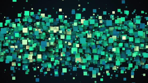 Geometric wave from scattering 3d render cubes. Digital futuristic panorama of data processing and information clusters. Dynamic virtual flow of pixel quadrangular textures.