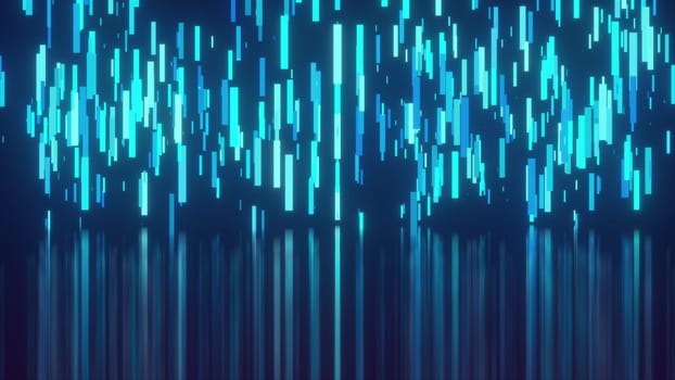 Digital blue textured columns with 3d render surface reflections. Formation of cyber wall from straight segments. Futuristic landscape with laser gradient design.