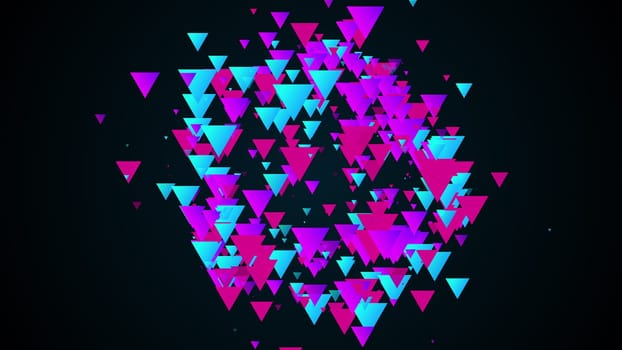 Flying and attracting digital 3d render of pyramids with different sizes. Futuristic panorama of data processing and information clusters. Dynamic virtual flow of pixel technical textures.