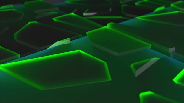 Glass fractals slowly float on 3d render of techno surface. Fragments of futuristic ice with geometric technology structure of textures scattered in separate pieces.