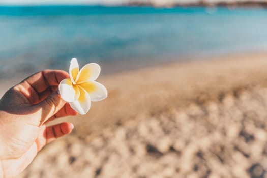 A woman's hand holds white yellow orchid flower bud on a coastline background. Rest in tropical countries. Beauty of nature. Sandy beach and sea. Sand and silent ocean coast line. High quality photo