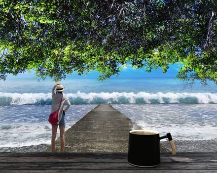 The woman standing facing the sea and looking to the far
