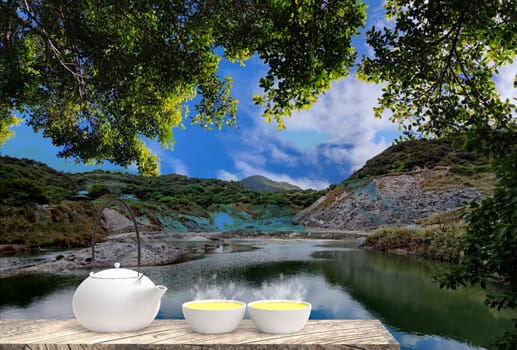 The 3d rendering of Cup with tea and teapot with nice background