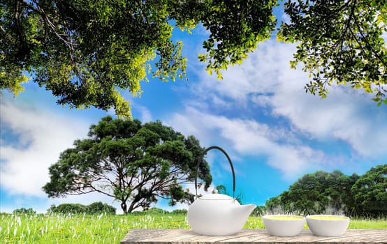 The 3d rendering of Cup with tea and teapot with nice background