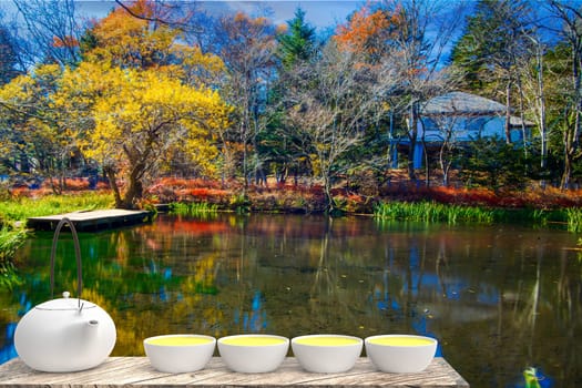 The 3d rendering of Cup with tea and teapot with nice background