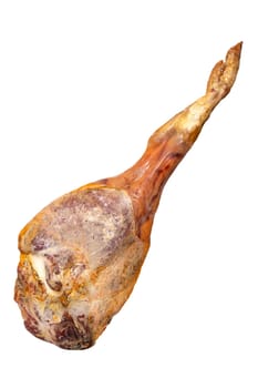 Spanish ham. Closeup of a front leg of traditional spanish Serrano ham (Jamon) or italian parma prosciutto crudo isolated on a white background. Macro.