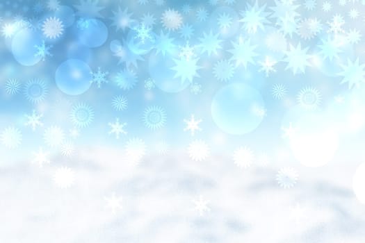 Abstract blurred festive winter christmas background with shiny blue and yellow white bokeh lighted snow landscape with stars and blue sky.