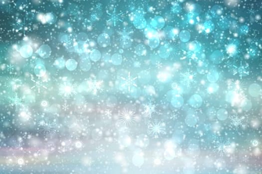 Abstract blurred festive winter christmas or Happy New Year background with shiny blue and white bokeh lighted snow landscape with sky. Space.
