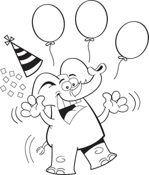 Black and white illustration of an elephant jumping with a party hat and balloons