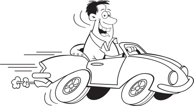 Black and white illustration of a man driving a car.