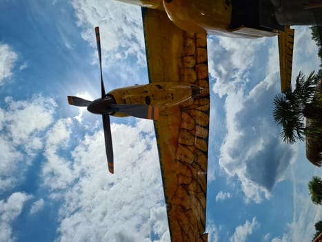 Retro passenger plane stands on the meadow before the flight.