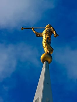 Sculpture of angel moroni atop of a Mormon Temple in San Diego.
