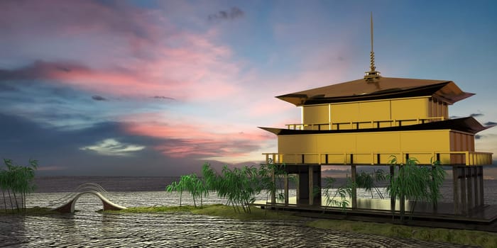 The 3d rendering of nice temple with beautiful background