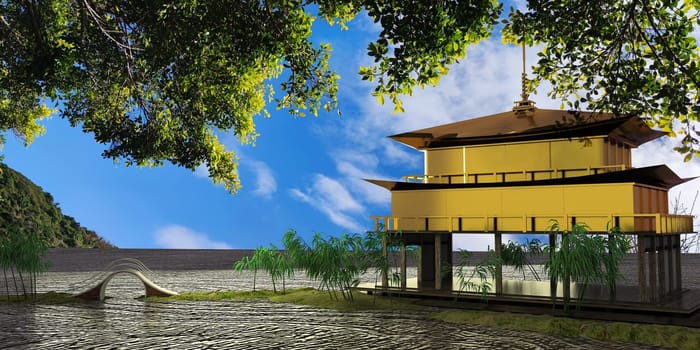 The 3d rendering of nice temple with beautiful background
