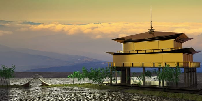The 3d rendering of nice temple with beautiful background