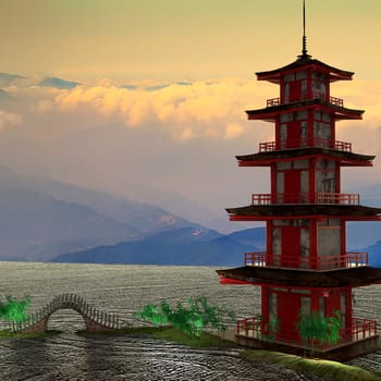 The 3d rendering of nice temple with beautiful background