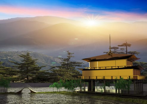 The 3d rendering of nice temple with beautiful background