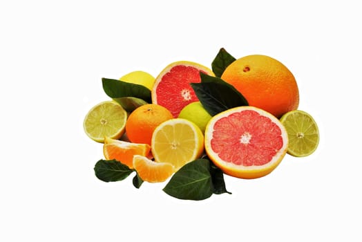 Healthy tropical citrus fruits on white background