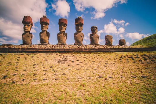 Moai stone sculptures on Easter island, Chile