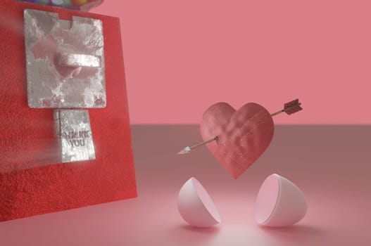 3d illustration. Open Gumball capsult  inside Cupid heart arrow . idea concept made by red heart