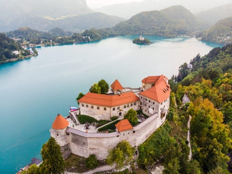 Aerial view of Lake Bled and the castle of Bled, Slovenia, Europe. Aerial drone photography.