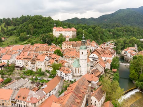 Panoramic aerial view of medieval old town of Skofja Loka, Slovenia.