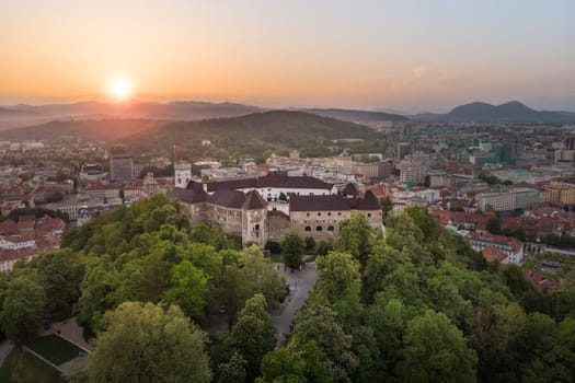 Aerial panorama of the Slovenian capital Ljubljana at sunset