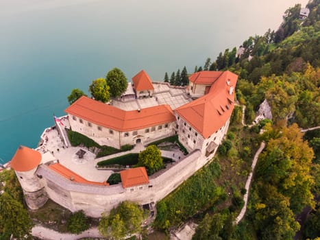 Aerial view of Lake Bled and the castle of Bled, Slovenia, Europe. Aerial drone photography