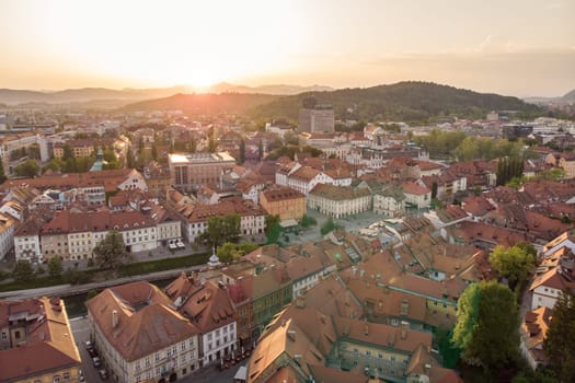 Aerial panorama of the Slovenian capital Ljubljana at sunset