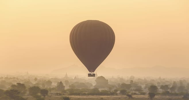 Air balloon above temples of Bagan an ancient city located in the Mandalay Region of Burma, Myanmar, Asia.