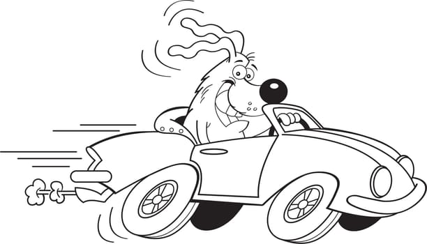 Black and white illustration of a dog driving a car.