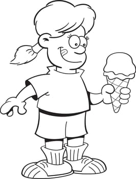 Black and white illustration of a girl eating an ice cream cone.