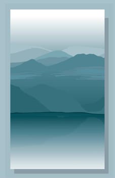Abstract landscape. Interior poster with mountain views. Gray-green tones. Misty DAWN. Sunrise in the mountains. Vector illustration.