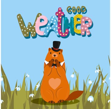 Groundhog day card. The harbinger of spring. Cute marmot character. February 2. Vector illustration with a marmot.