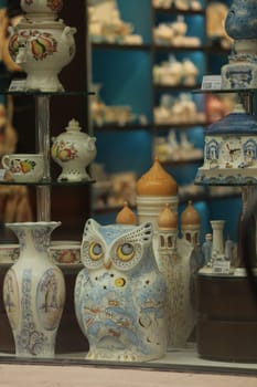 Shop window with Russian souvenirs on Arbat street in Moscow