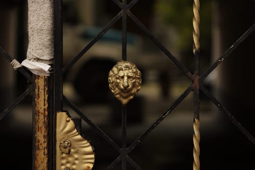 beautiful wrought iron gates, the head of a lion.