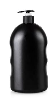 The Black cosmetic bottle with pump isolated on white background. Mockup of container for soap, shampoo, shower gel