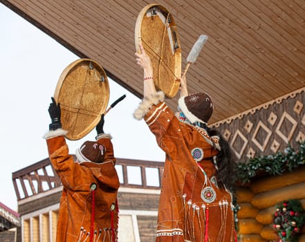 Folk ensemble performance in dress of indigenous people of Kamchatka. The holiday Northern aboriginal Koryak