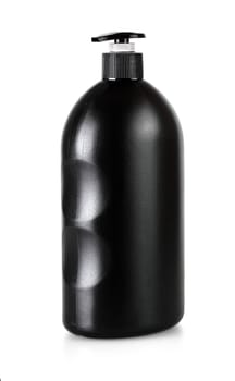 The Black cosmetic bottle with pump isolated on white background. Mockup of container for soap, shampoo, shower gel