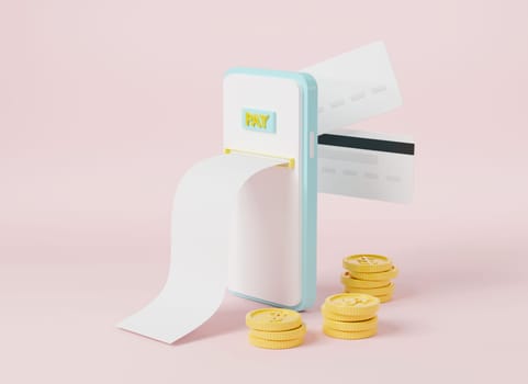 Digital payment with smartphone and online cash back, mobile phone with bill,credit card and dollar coins, Online transaction exchange service electronic bill payment, 3D rendering illustration
